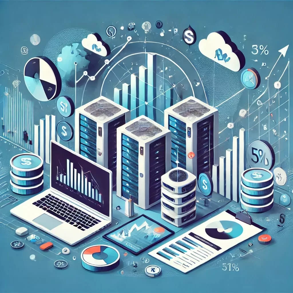 Modern data center with stock market growth charts and financial analysis, representing investment in data center stocks.